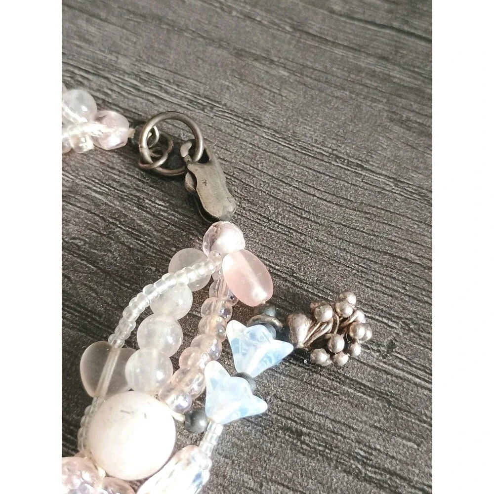 Rose Quartz Sterling Silver Glass Tulip Heart Bead Grape Charm Vintage Bracelet